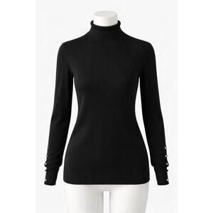 Dennis Basso Black Turtleneck Sweater Women's Button Cuff Knit‎ Top [L]